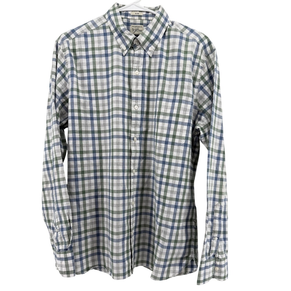 100% Cotton J.Crew Mens Slim Fit Plaid Button Down Shirt Blue Green White Large